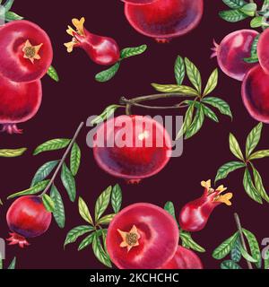 Granatäpfel auf einem Ast Aquarell nahtloses Muster. Handgezeichnete realistische rote Früchte mit endlosen Blättern Hintergrund für Stoff und Tapete. Tropica Stockfoto
