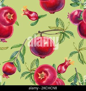 Granatäpfel auf einem Ast Aquarell nahtloses Muster. Handgezeichnete realistische rote Früchte mit endlosen Blättern Hintergrund für Stoff und Tapete. Tropica Stockfoto