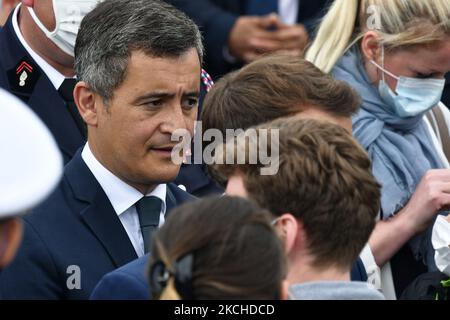 Der französische Innenminister Gerald Darmanin nimmt am 14. Juli 2021 an der Juillet-Militärparade 14 auf der Champs-Elysées in Paris Teil. (Foto von Daniel Pier/NurPhoto) Stockfoto