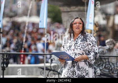 Monika Wielichowska (PO - Bürger-Plattform) spricht vor der Menge in Danzig, Polen am 19. Juli 2021 kündigte Tusk an, dass er die aktuelle Regierungspartei (PiS) besiegen und das Land zu europäischen Werten zurückbringen werde (Foto: Michal Fludra/NurPhoto) Stockfoto