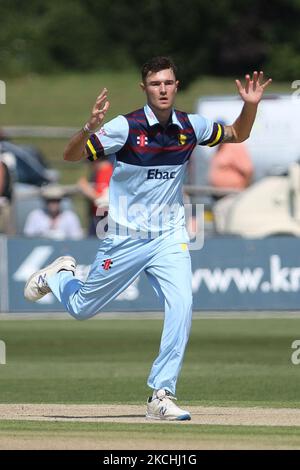 Jack Campbell aus Durham reagiert während des Royal London One Day Cup-Spiels zwischen Kent und Durham am 22.. Juli 2021 auf dem County Ground in Beckenham, Großbritannien. (Foto von will Matthews/MI News/NurPhoto) Stockfoto