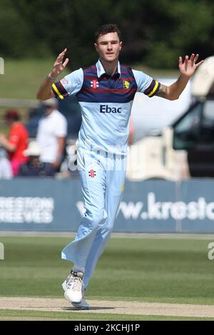 Jack Campbell aus Durham reagiert während des Royal London One Day Cup-Spiels zwischen Kent und Durham am 22.. Juli 2021 auf dem County Ground in Beckenham, Großbritannien. (Foto von will Matthews/MI News/NurPhoto) Stockfoto