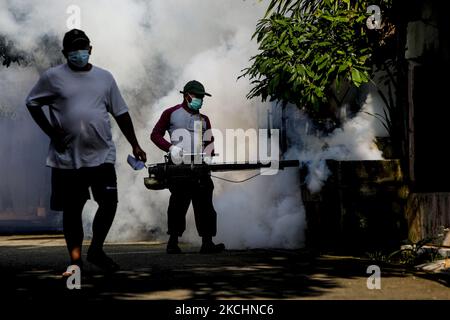 Ein Beamter führt am 25. Juli 2021 in Bogor, West-Java, Indonesien, Beschlagen durch, um Moskitos in einem Wohngebiet eines Dengue-hämorrhagischen Fiebers zu kontrollieren. (Foto von Adriana Adie/NurPhoto) Stockfoto