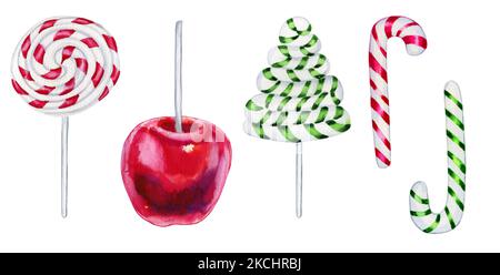 Traditionelle Weihnachtsbonbons Aquarell-Set. Minzkaramell und Apfel auf einem handgezeichneten Weihnachtsclipart. Für Postkarten und Neujahrsmenü. Stockfoto