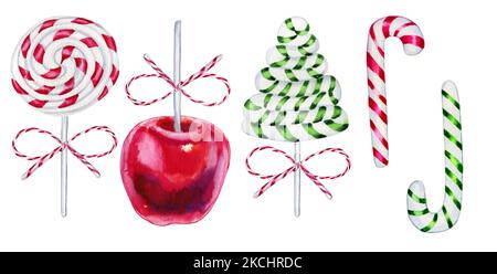 Traditionelle Weihnachtsbonbons Aquarell-Set. Minzkaramell und Apfel auf einem handgezeichneten Weihnachtsclipart. Für Postkarten und Neujahrsmenü. Stockfoto