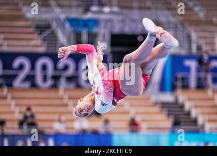 Amelie Morgan aus Großbritannien beim Finale des Teams der Frauen im Bereich der künstlerischen Gymnastik bei den Olympischen Spielen im Ariake Gymnastik Center, Tokio, Japan, am 27. Juli 2021. (Foto von Ulrik Pedersen/NurPhoto) Stockfoto