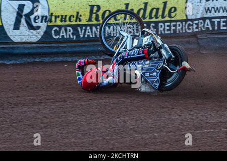 Sam McGurk dreht sich am Freitag, den 23.. Juli 2021, während des Spiels der National Development League zwischen Belle Vue Colts und Eastbourne Seagulls im National Speedway Stadium in Manchester aus. (Foto von Ian Charles/MI News/NurPhoto) Stockfoto