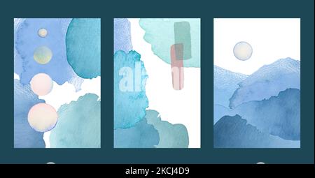 Aquarell und Papiertextur. Handgezeichnete strukturierte Kompositionen. Coral Rouge türkis weiß beige Illustration und Elemente. Hintergrund. Satz von Abstracts Stockfoto