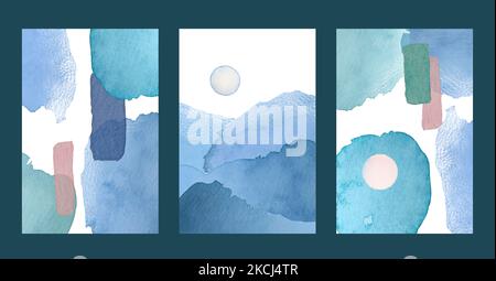 Aquarell und Papiertextur. Handgezeichnete strukturierte Kompositionen. Coral Rouge türkis weiß beige Illustration und Elemente. Hintergrund. Satz von Abstracts Stockfoto