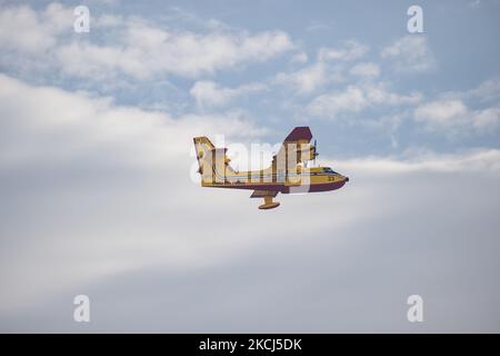 Ein canadair kehrt zurück, um am 2. August 2021 in Gravina in Apulien das Feuer des Difesa Grande-Waldes für mehrere Tage zu löschen. Das Feuer, das den Difesa Grande Wald in Gravina in Apulien mehr als fünf Tage lang heimgesucht hat, zeigt keine Anzeichen von Ausgehen. Es gibt immer wieder zahlreiche Ausbrüche, die sich, unterstützt durch den Wind und die große Hitze, die das Gebiet trifft, weiter ernähren und Hektar und Hektar Vegetation zerstören. Die Flammen, die das Refuge-Erfrischungsgebiet erreichten, passierten auch den Asphaltstreifen der Hauptstraße, die durch den Wald führt, um sich in Bianchini, Lama Cold, Campa auszudehnen Stockfoto