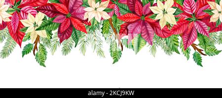 Rote Weihnachtssterne und weihnachtsbaum Äste nahtlose Grenze. Handgezeichnete Illustration für Postkarten und Einladungen zum neuen Jahr. Endlose Ferien BA Stockfoto