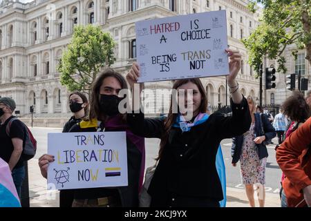 LONDON, VEREINIGTES KÖNIGREICH - 06. AUGUST 2021: Transgender und ihre Anhänger protestieren vor der Downing Street und fordern die britische Regierung auf, am 06. August 2021 in London, England, das Genderanerkennungsgesetz dringend zu reformieren. Die Demonstranten fordern Reformen der trans-medizinischen Versorgung, die rechtliche Anerkennung für nicht-binäre Menschen, ein Ende der nicht einvernehmlichen Operationen an intersexuellen Kindern und ein Verbot pseudowissenschaftlicher Konversionstherapien. (Foto von Wiktor Szymanowicz/NurPhoto) Stockfoto