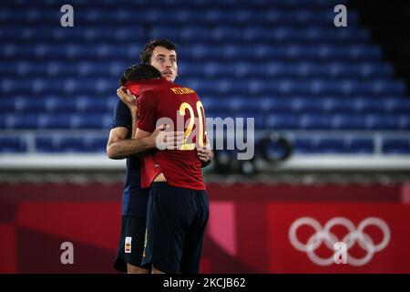 Spanien bedauert es, nachdem während des Goldmedaillenmatches der Männer zwischen Brasilien und Spanien am 15. Tag der Olympischen Spiele 2020 in Tokio im Internationalen Stadion Yokohama am 7. August 2021 in Yokohama, Kanagawa, Japan (Foto: Ayman Aref/NurPhoto) Stockfoto