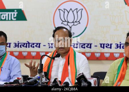 Jaipur: Der nationale Generalsekretär der BJP Arun Singh spricht bei der Pressekonferenz im Parteibüro in Jaipur, Rajasthan, Indien, am Samstag, den 7. August, 2021. (Foto von Vishal Bhatnagar/NurPhoto) Stockfoto