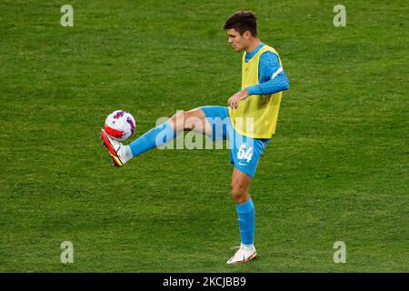 Kirill Kravtsov von Zenit in Aktion beim Warm-up vor dem Spiel der russischen Premier League zwischen dem FC Zenit Sankt Petersburg und dem FC Krasnodar am 7. August 2021 in der Gazprom Arena in Sankt Petersburg, Russland. (Foto von Mike Kireev/NurPhoto) Stockfoto