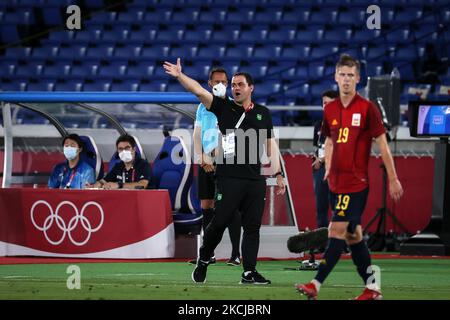 Cheftrainer Andre JARDINE vom Team Brasilien beim Spiel zwischen Brasilien und Spanien am 15. Tag der Olympischen Spiele 2020 in Tokio im Internationalen Stadion Yokohama am 07. August 2021 in Yokohama, Kanagawa, Japan (Foto: Ayman Aref/NurPhoto) Stockfoto