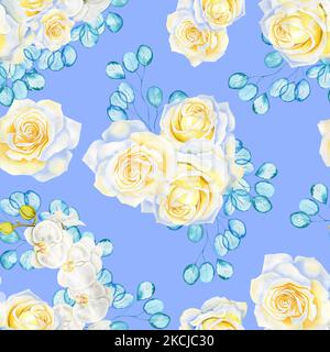 Weiße Blüten und transparente türkisfarbene Eukalyptuszweige nahtloses Aquarellmuster. Blühende Rosen und Orchideen endlose Hintergrund für Stoff und Stockfoto