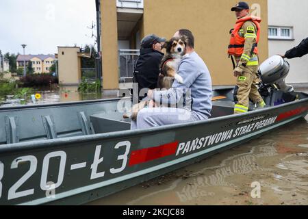 Ein Mann mit Hund schwimmt mit Feuerwehrleuten auf einem Boot, nachdem am 6.. August 2021 in Krakau, Polen, Straßen und Haushalte in Gebieten des Bierzanow-Bezirks mit heftigen Regenschauern überflutet wurden. (Foto von Beata Zawrzel/NurPhoto) Stockfoto