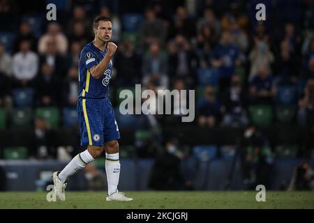 Cesar Azpilicueta aus Chelsea feiert, nachdem er beim UEFA Super Cup Final Match zwischen Chelsea CF und Villarreal CF am 11. August 2021 im Windsor Park in Belfast, Nordirland, das erste Tor seiner Mannschaft erzielt hat. (Foto von Jose Breton/Pics Action/NurPhoto) Stockfoto