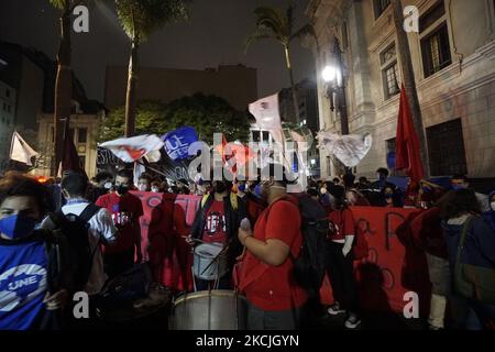 Am 11. August 2021 protestieren Studenten gegen Präsident Jair Bolsonaro in Sao Paulo, Brasilien. (Foto von Cris FAGA/NurPhoto) Stockfoto