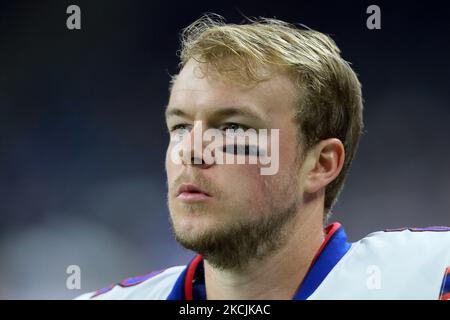 Buffalo Bills kicker Tyler Bass (2) and punter Corey Bojorquez (9) talk as  they leave the field after an NFL football game against the Tennessee  Titans, Tuesday, Oct. 13, 2020, in Nashville