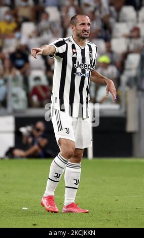 Giorgio Chiellini von Juventus zeigt sich während des Freundschaftsspiels von Juventus und Atalanta BC vor der Saison am 14. August 2021 in Turin, Italien, im Allianz-Stadion. (Foto von Giuseppe Cottini/NurPhoto) Stockfoto