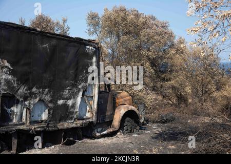 Ein Lastwagen brannte souverän in Agia Anna. Die Folgen der Brände in Griechenland, während im Wald immer noch kleine Flammen brennen. In Griechenland kam es zu einer großen Umweltkatastrophe. Wald, Pinien, Olivenhaine, Unternehmen, Hotels, Häuser, Fahrzeuge und Tiere wurden verbrannt. Das Feuer war nach einem nächtlichen Regen vorbei, während die griechischen Feuerwehrleute, lokale Freiwillige, ausländische Feuerwehrleute, Flugzeuge und Helikopter, die auf der griechischen Insel Evia (Euboea) gegen den Flächenbrand kämpften - in weniger als zwei Wochen sind in G fast 100.000 Hektar Wald- und Ackerland verbrannt Stockfoto