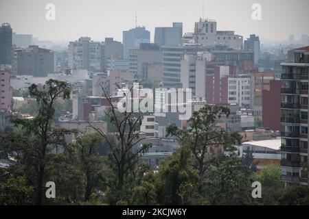 Am 17. August 2021 hing ein leichter Dunst von Luftverschmutzung über Mexiko-Stadt, Mexiko, und verdunkelt die städtische Landschaft und die vielen Wolkenkratzer der Stadt, die hier abgebildet sind und über dem Wald von Chapultepec emporragen. (Foto von Diego Cupolo/NurPhoto) Stockfoto