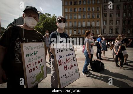 Umweltschützer protestieren am 13. August 2021 in München, Deutschland, um auf den Klimawandel aufmerksam zu machen. Anlässlich der verschiedenen Veranstaltungen, die für den 24. September 2021 organisiert werden und die auf allen Kontinenten der Welt stattfinden werden. (Foto von Andrea Ronchini/NurPhoto) Stockfoto