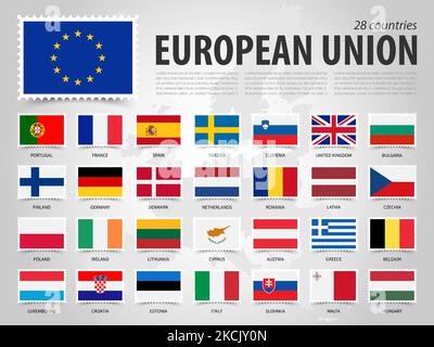 Europäische Union . EU . Und Mitgliedsland Flagge mit europa-Karte . Flaches rechteckiges Stempeldesign. Elementvektor . Stock Vektor