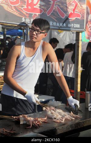 Am 24. Juli 2015 barbiert der Lebensmittelhändler auf einem Stock Tintenfisch während eines ganztägigen chinesischen Marktes in Markham, Ontario, Kanada. (Foto von Creative Touch Imaging Ltd./NurPhoto) Stockfoto