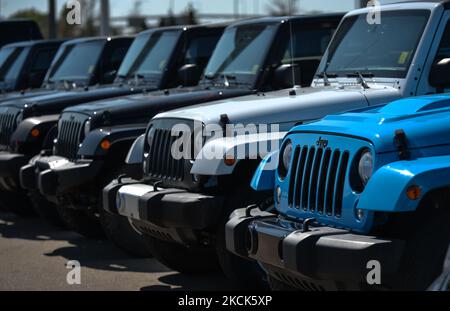 Neue Jeep Fahrzeuge vor einem Chrystler, Jeep, Dodge und RAM Händler in South Edmonton geparkt. Am Mittwoch, den 24. August 2021, in Edmonton, Alberta, Kanada. (Foto von Artur Widak/NurPhoto) Stockfoto