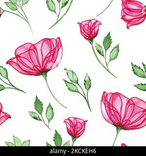 Transparente rosa Rosen Aquarell nahtlose Muster. Handgezeichnete Knospen und blühende Blüten mit Blättern auf einem isolierten Hintergrund. Für Stoff und Wallpap Stockfoto