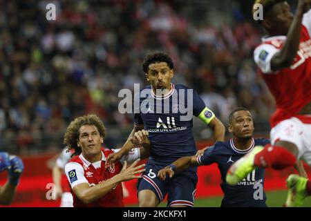 Marquinhos während des Fußballspiels der französischen Ligue 1 zwischen Stade de Reims und Paris Saint-Germain am 29. August 2021 im Auguste Delaune-Stadion in Reims, Frankreich (Foto: Mehdi Taamallah/NurPhoto) Stockfoto