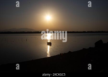 Fischerboot in Kerkini See. Magische Stunde Sommer Sonnenaufgang mit warmen Farben des Himmels und der Sonne über Kerkini mit Vögeln, Pferden, lokalen Fischern als Silhouetten gefischt, am See Nationalpark in Serres Region in Nordgriechenland. Der künstliche Kerkini-See ist ein einzigartiges Feuchtgebiet, ein Nationalpark und durch die Ramsar-Konvention als Feuchtgebiet mit Tausenden von Vögeln geschützt, darunter seltene und geschützte Flusswälder, da sich wichtige Hydrobiosphären entwickeln, die von großer internationaler Bedeutung und Akzeptanz sind, Die Hauptwasserquelle des Flusses Strymon stammt aus Bulgarien. Kerkini Lake Stockfoto