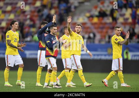 Dennis man, Nicolae Stanciu, Deian Sorescu, Alexandru Cicaldau in Aktion während des Qualifikationsrunden-Spiels der FIFA-Weltmeisterschaft zwischen Rumänien und Liechtenstein, das am 05. September 2021 in Bukarest gespielt wurde. (Foto von Alex Nicodim/NurPhoto) Stockfoto