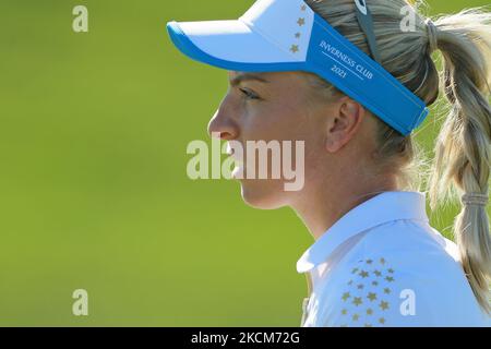 Sophia Popov vom Team Europe reagiert auf ihren Schuss auf den 15. Green während der Einzelpaarungen des Solheim Cup 2021 im Inverness Club, in Toledo, Ohio, USA, am Montag, 6. September 2021. (Foto von Jorge Lemus/NurPhoto) Stockfoto