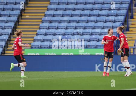 Martha Thomas von Manchester United feiert das Tor beim Barclays FA Women's Super League-Spiel zwischen Leicester City und Manchester United am Sonntag, dem 12.. September 2021 im King Power Stadium in Leicester. (Foto von James Holyoak/MI News/NurPhoto) Stockfoto