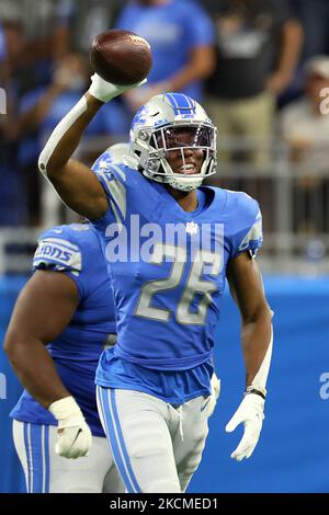 Detroit Lions Eckpfeiler Ifeatu Melifonwu (26) feiert nach einem Spiel während eines NFL-Fußballspiels zwischen den Detroit Lions und dem San Francisco 49ers in Detroit, Michigan, USA, am Sonntag, 12. September 2021. (Foto von Amy Lemus/NurPhoto) Stockfoto