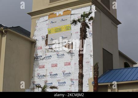 Das Galveston Beach Hotel West erlitt große Schäden durch den US-amerikanischen „Nicholmann“-amerikanischen „Damas“ 14.. September 2021, Galveston, Texas. (Foto von Reginald Mathalone/NurPhoto) Stockfoto