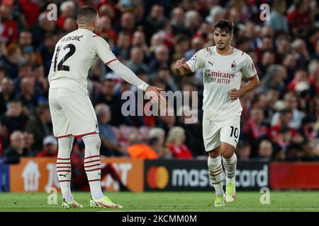 Brahim Diaz (AC Mailand) feiert das zweite Tor für sein Team während des UEFA Champions League Fußballspiels Gruppe B - FC Liverpool gegen AC Mailand am 15. September 2021 auf dem Anfield in Liverpool, England (Foto: Francesco Scaccianoce/LiveMedia/NurPhoto) Stockfoto