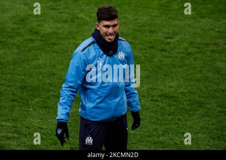 Leonardo Balerdi aus Marseille beim Warm-up vor dem UEFA Europa League-Spiel der Gruppe E zwischen Lokomotiv Moskau und Olympique de Marseille am 16. September 2021 in der RZD Arena in Moskau, Russland. (Foto von Mike Kireev/NurPhoto) Stockfoto