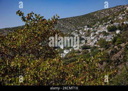 Panoramablick auf das traditionelle griechische Dorf Makrinitsa auf dem Berg Pilion in Zentralgriechenland. Makrinitsa ist eine berühmte Siedlung mit traditionellen Steinhäusern und Hotels mit herrlicher Aussicht und Natur auf dem Berg Pilio in der Nähe der Stadt Volos. Makrinitsa, Griechenland am 17. September 2021 (Foto von Nicolas Economou/NurPhoto) Stockfoto