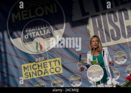 Die politische leder der Brüder Italiens Giorgia Meloni während der Demonstration Italien der Erlösung, die Partei Fratelli d'Italia anlässlich der Kommunalwahlen, in Rom, Italien, am 18. September 2021. (Foto von Andrea Ronchini/NurPhoto) Stockfoto