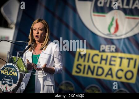 Die politische leder der Brüder Italiens Giorgia Meloni während der Demonstration Italien der Erlösung, die Partei Fratelli d'Italia anlässlich der Kommunalwahlen, in Rom, Italien, am 18. September 2021. (Foto von Andrea Ronchini/NurPhoto) Stockfoto