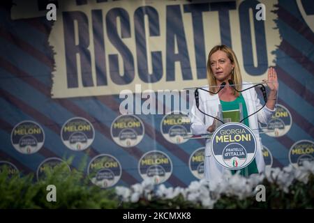 Die politische leder der Brüder Italiens Giorgia Meloni während der Demonstration Italien der Erlösung, die Partei Fratelli d'Italia anlässlich der Kommunalwahlen, in Rom, Italien, am 18. September 2021. (Foto von Andrea Ronchini/NurPhoto) Stockfoto