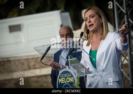 Die politische leder der Brüder Italiens Giorgia Meloni während der Demonstration Italien der Erlösung, die Partei Fratelli d'Italia anlässlich der Kommunalwahlen, in Rom, Italien, am 18. September 2021. (Foto von Andrea Ronchini/NurPhoto) Stockfoto