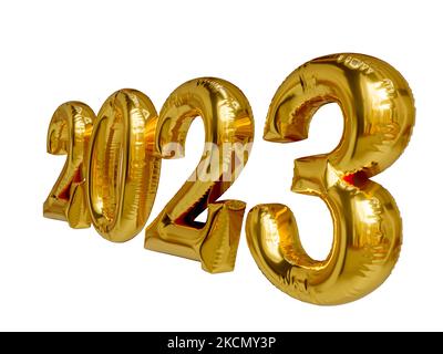 2023 3D realistische Goldfolie Ballons. Frohe Weihnachten und ein glückliches neues Jahr 2023 Grußkarte isoliert auf trastparent Hintergrund. Stockfoto