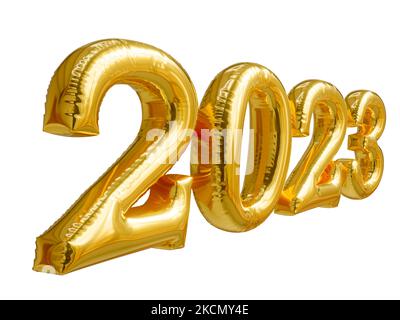 2023 3D realistische Goldfolie Ballons. Frohe Weihnachten und ein glückliches neues Jahr 2023 Grußkarte isoliert auf trastparent Hintergrund. Stockfoto