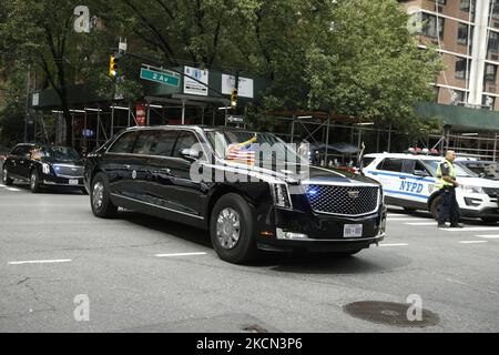 US-Präsident Joe Biden fährt am 21. September 2021 in New York City, USA, zum Hubschrauberlandeplatz in Midtown. (Foto von John Lamparski/NurPhoto) Stockfoto
